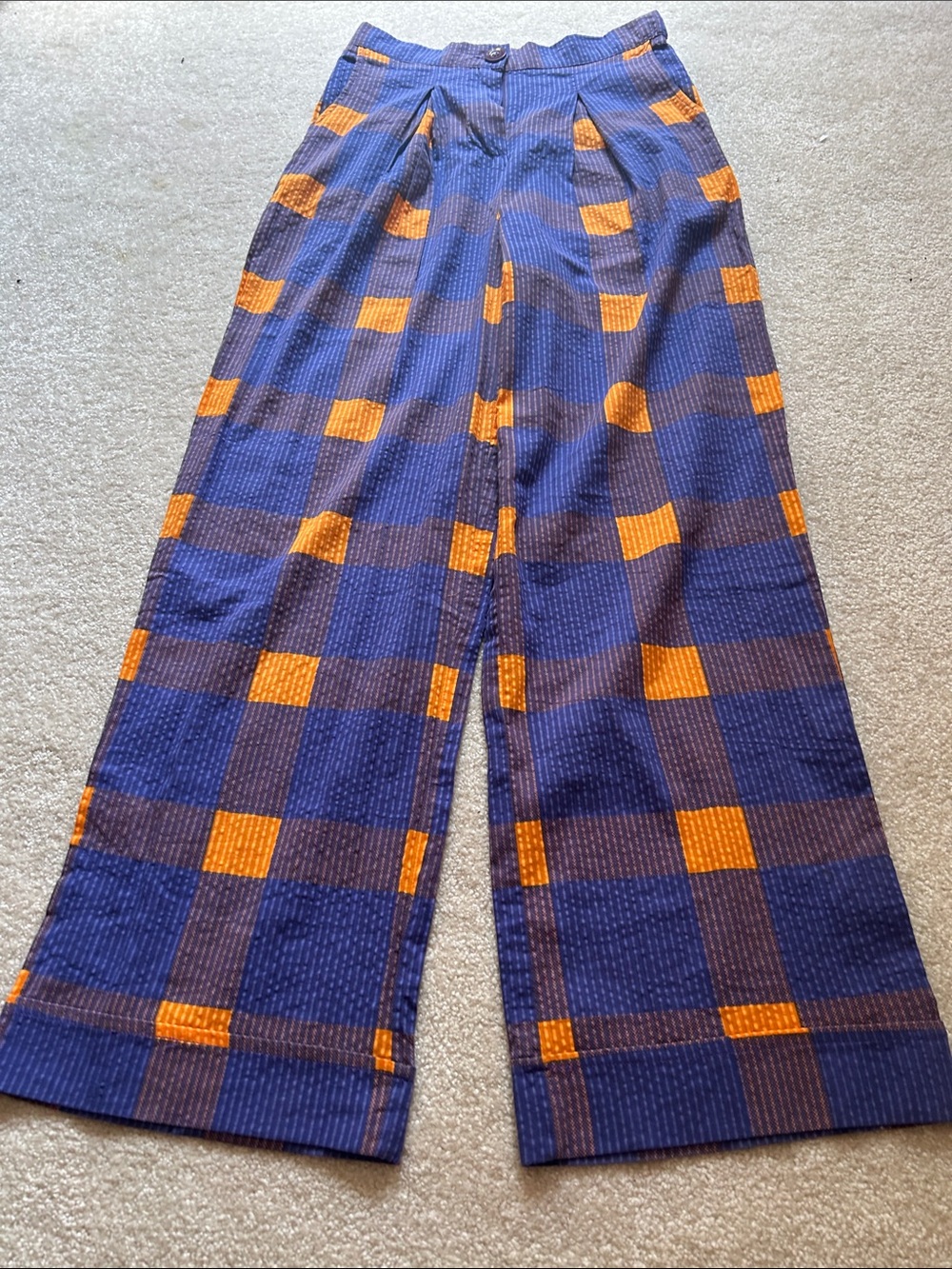 Wide Leg Plaid Pants in Blue and Orange